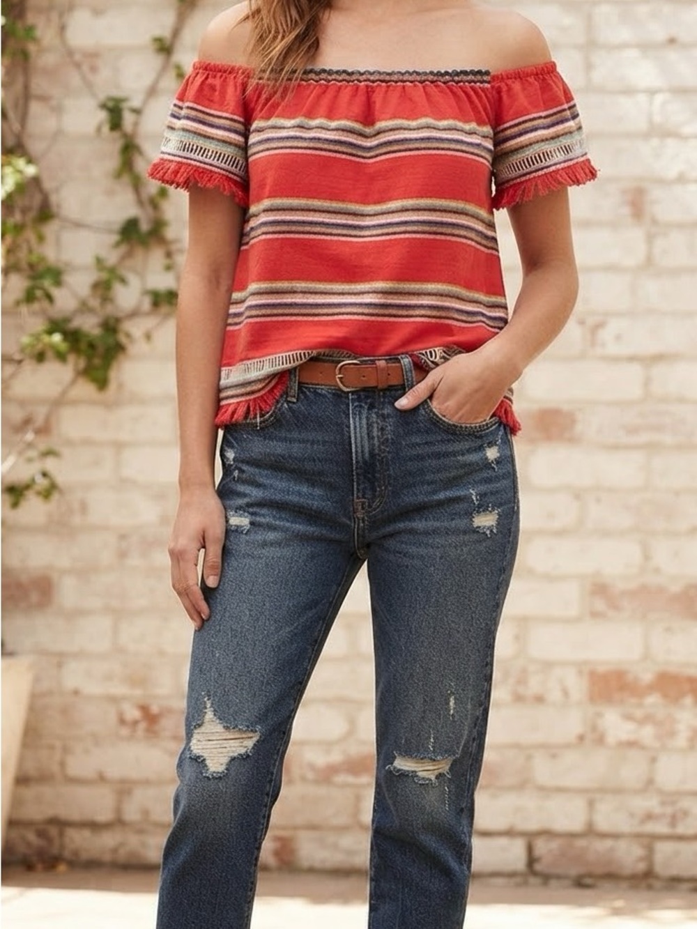 dRA Los Angeles Southwestern Striped Off the Shoulder Fringe Top S Cotton